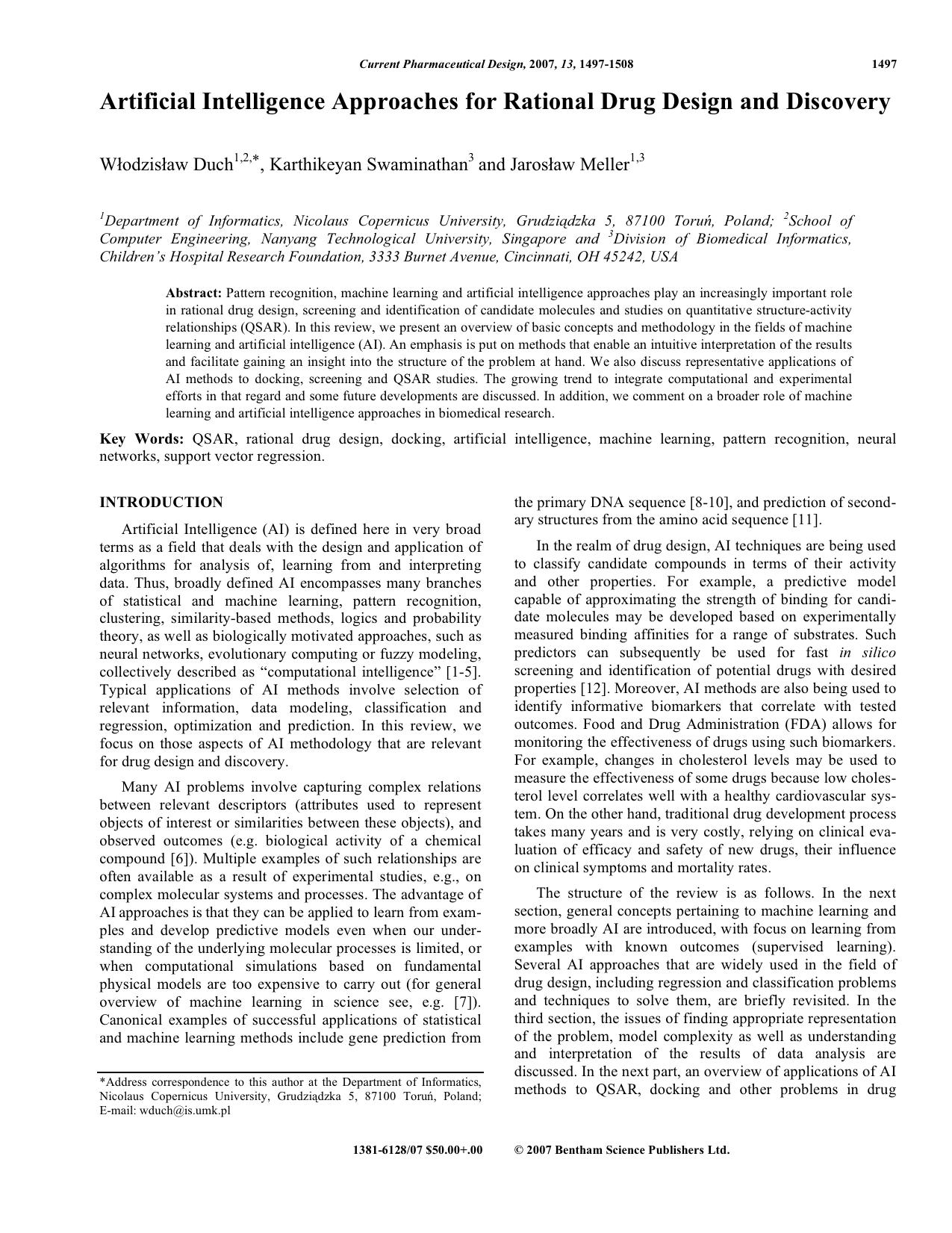 Artificial Intelligence Approaches for Rational Drug Design and Discovery by Wlodzislaw Duch ; Karthikeyan Swaminathan ; Jaroslaw Meller
