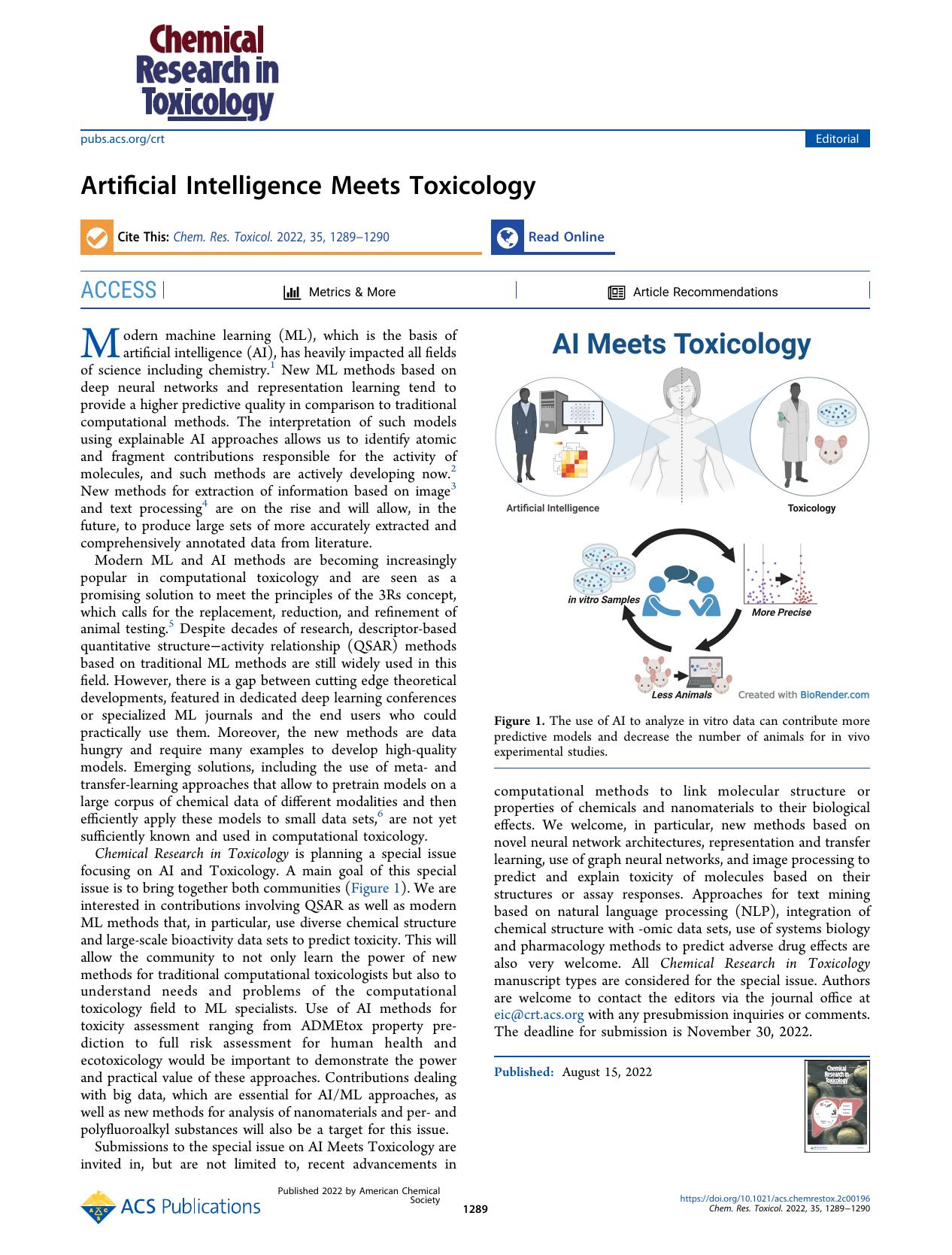 Artificial Intelligence Meets Toxicology by Igor V. Tetko Günter Klambauer Djork-Arné Clevert Imran Shah and Emilio Benfenati