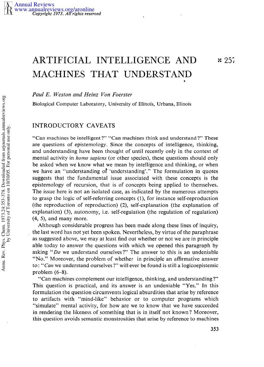 Artificial Intelligence and Machines that Understand by P E Weston & H V Foerester