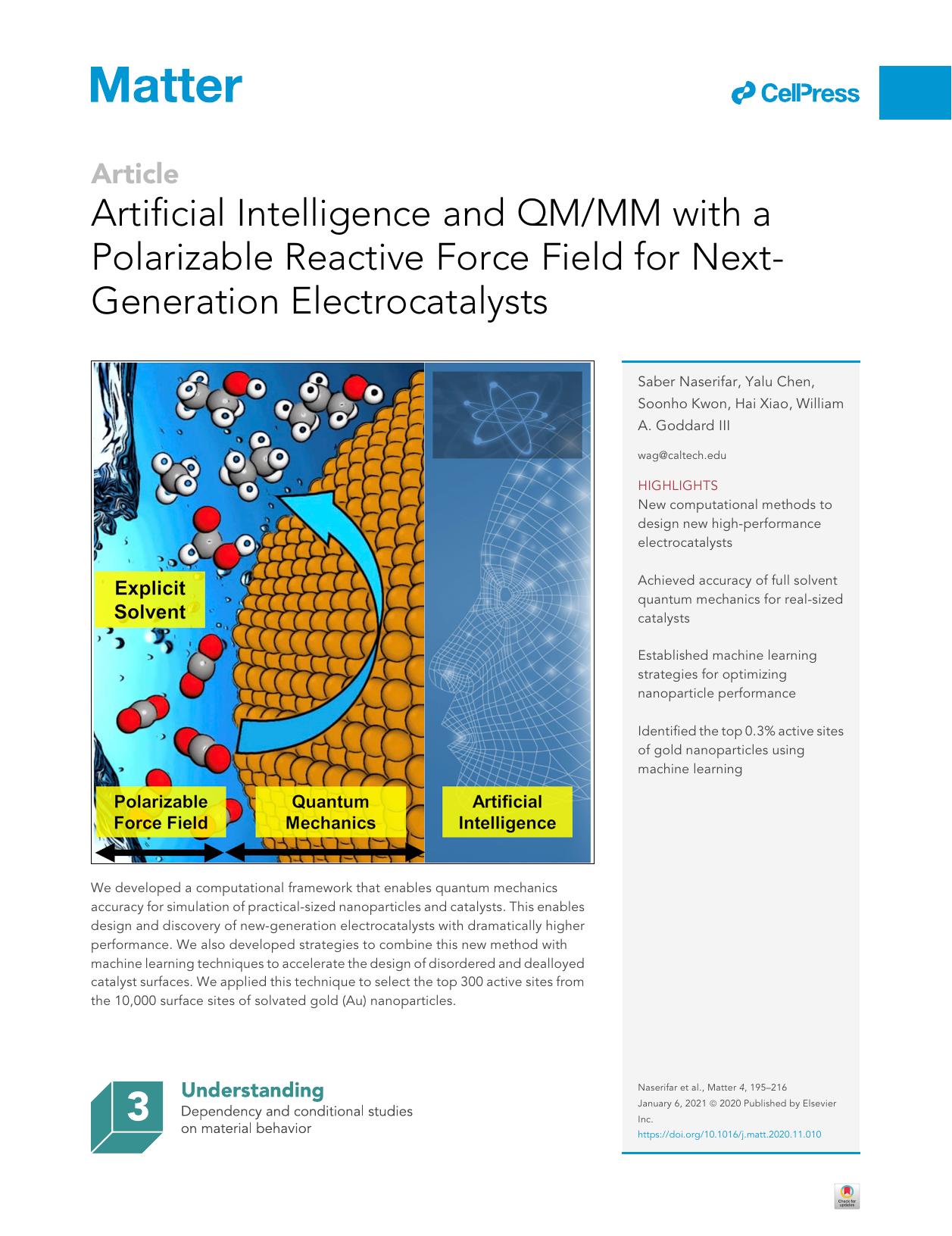Artificial Intelligence and QMMM with a Polarizable Reactive Force Field for Next-Generation Electrocatalysts by Saber Naserifar & Yalu Chen & Soonho Kwon & Hai Xiao & William A. Goddard III