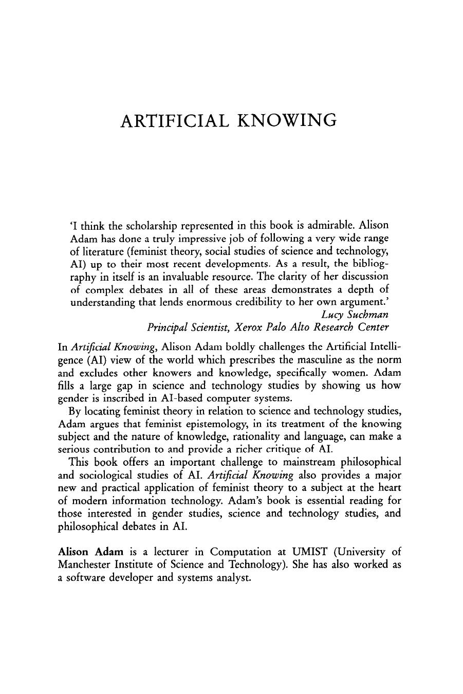 Artificial Knowing: Gender and the Thinking Machine by Alison Adam