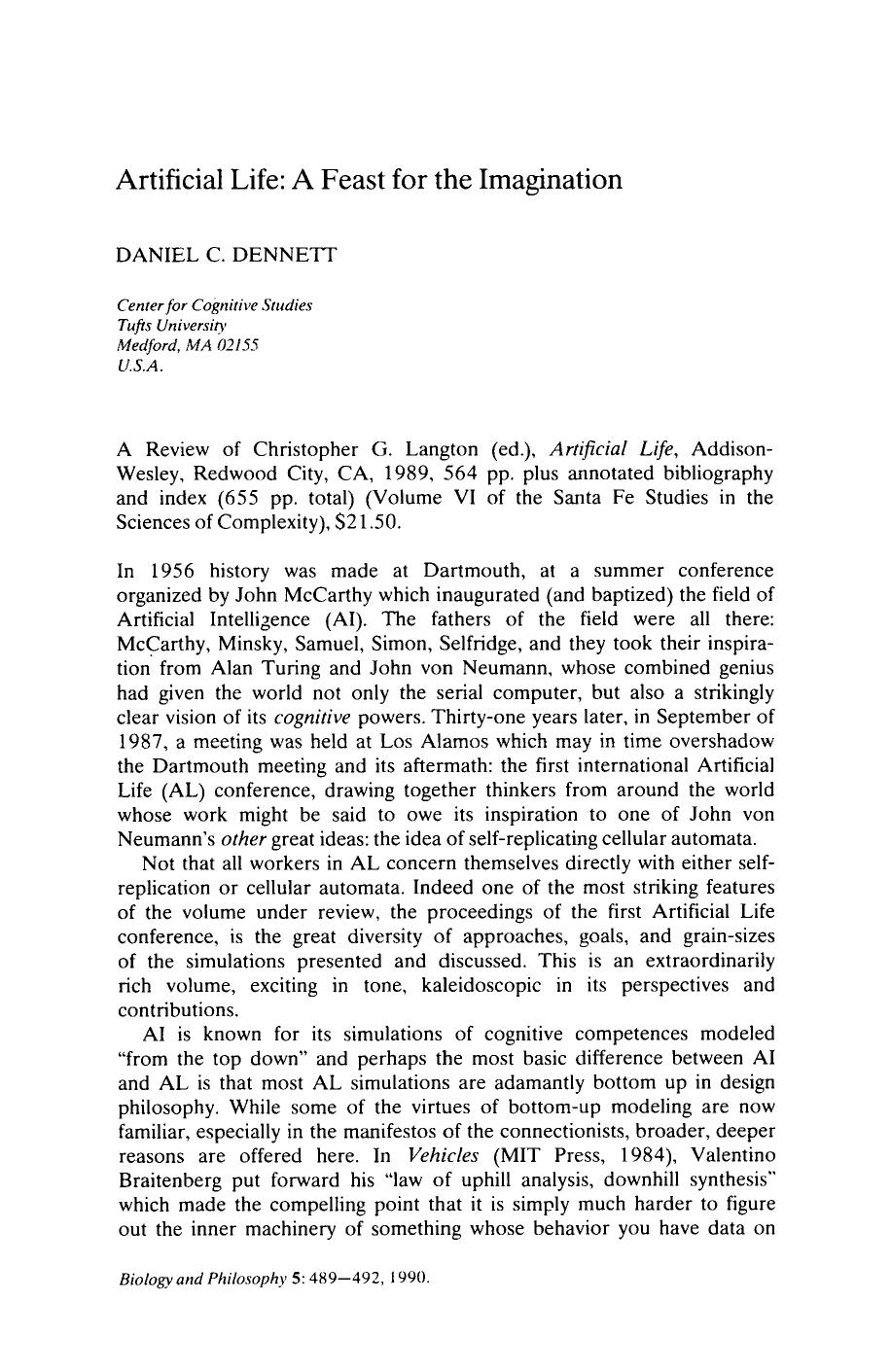Artificial Life: A feast for the imagination by Artificial Life (1990)