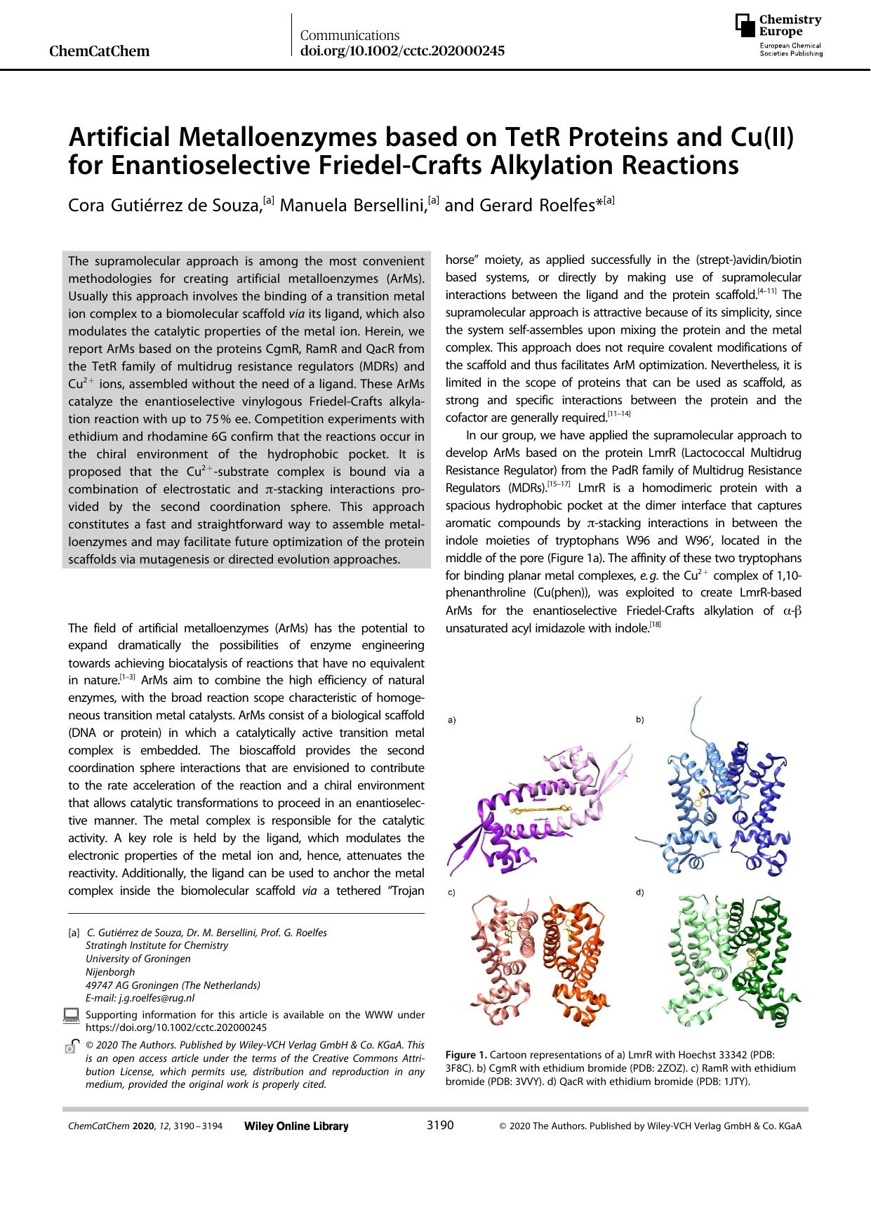 Artificial Metalloenzymes based on TetR Proteins and Cu(II) for Enantioselective FriedelâCrafts Alkylation Reactions by Unknown