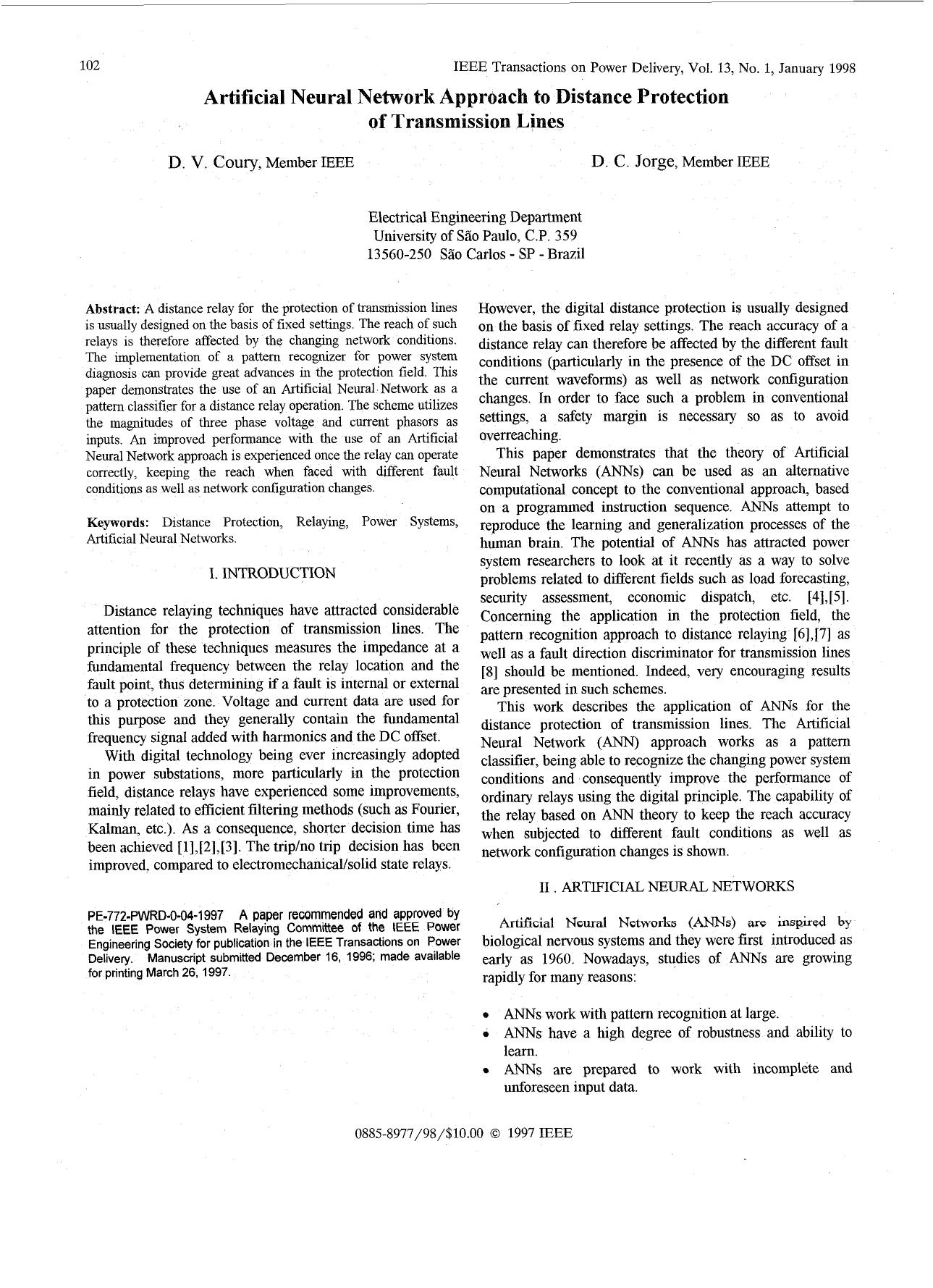 Artificial Neural Network Approach to Distance Protection of Transmission Lines - Power Delivery, IEEE Transactions on by IEEE