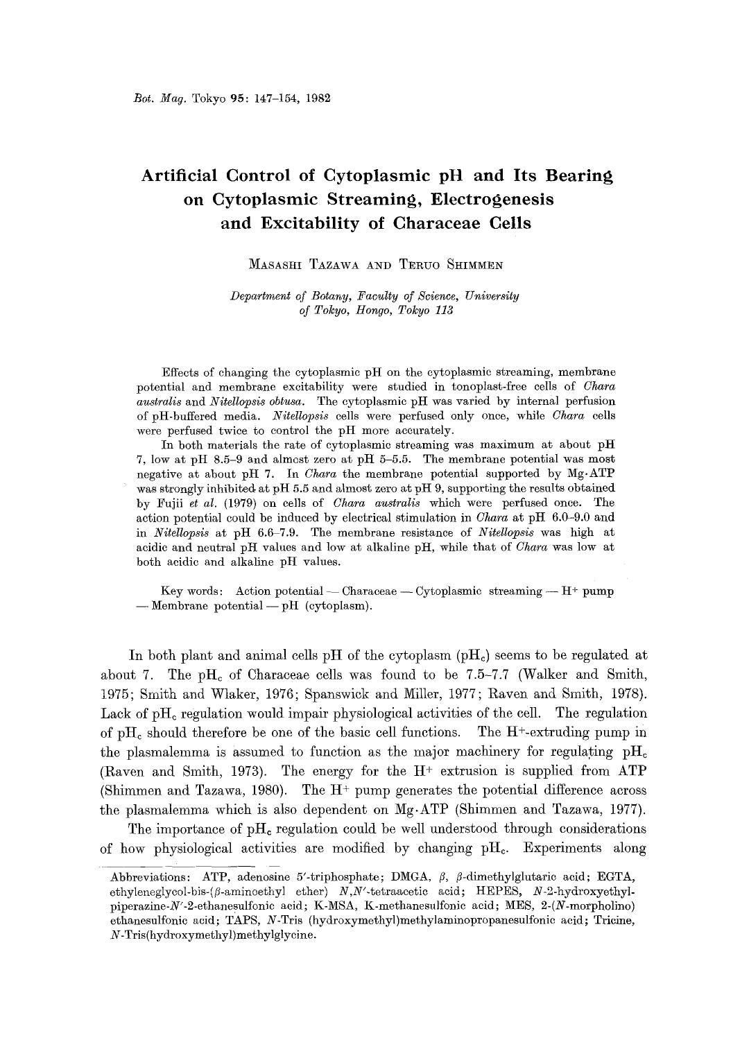 Artificial control of cytoplasmic pH and its bearing on cytoplasmic streaming, electrogenesis and excitability of characeae cells by Unknown