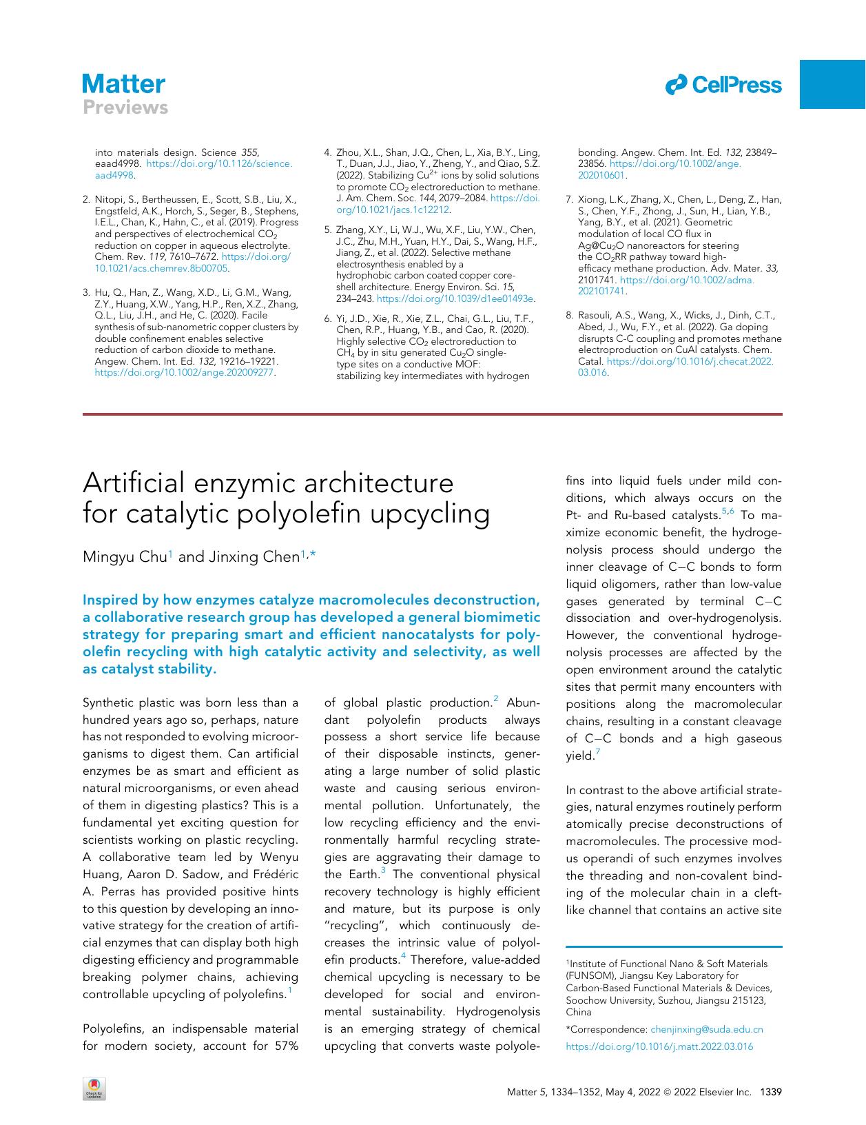 Artificial enzymic architecture for catalytic polyolefin upcycling by Mingyu Chu & Jinxing Chen