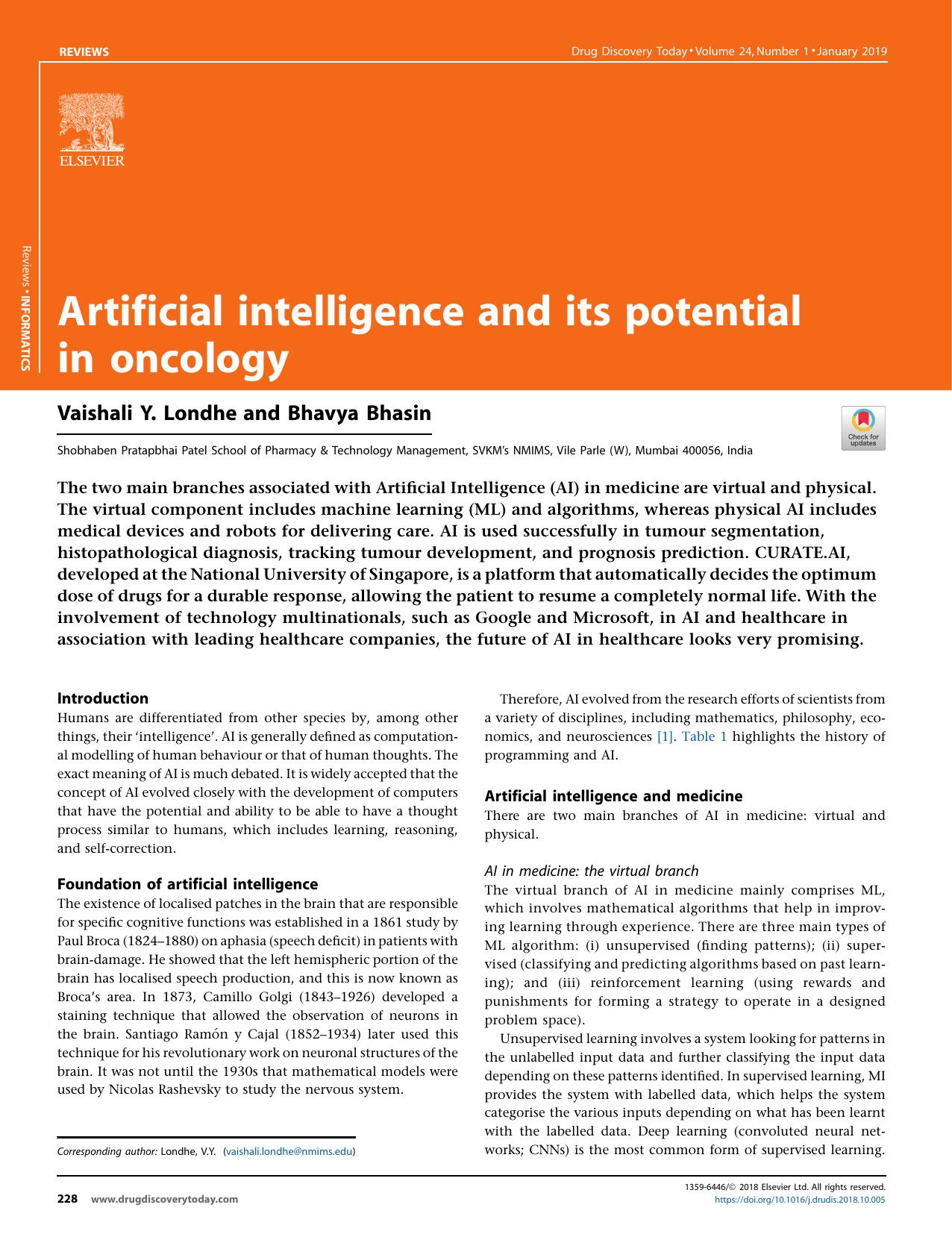 Artificial intelligence and its potential in oncology by Vaishali Y. Londhe & Bhavya Bhasin
