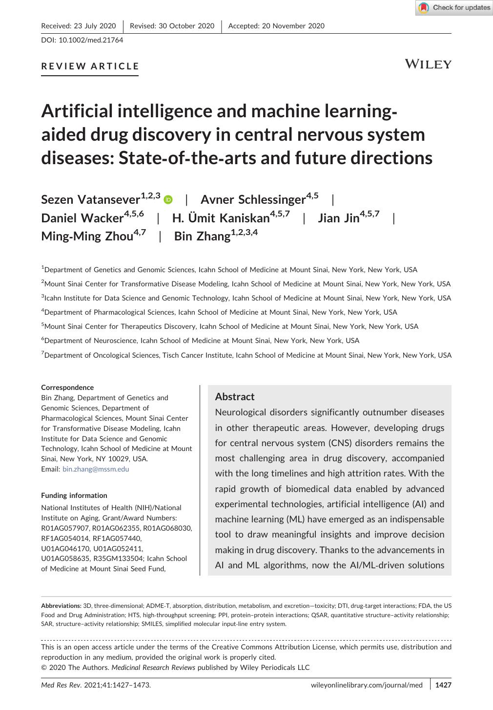 Artificial intelligence and machine learningâaided drug discovery in central nervous system diseases: Stateâofâtheâarts and future directions by Unknown