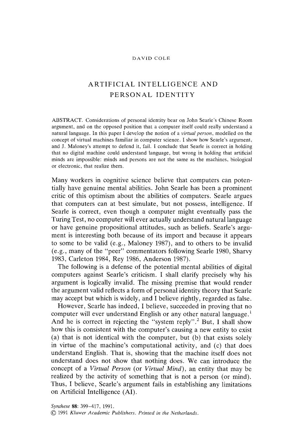 Artificial intelligence and personal identity by Unknown