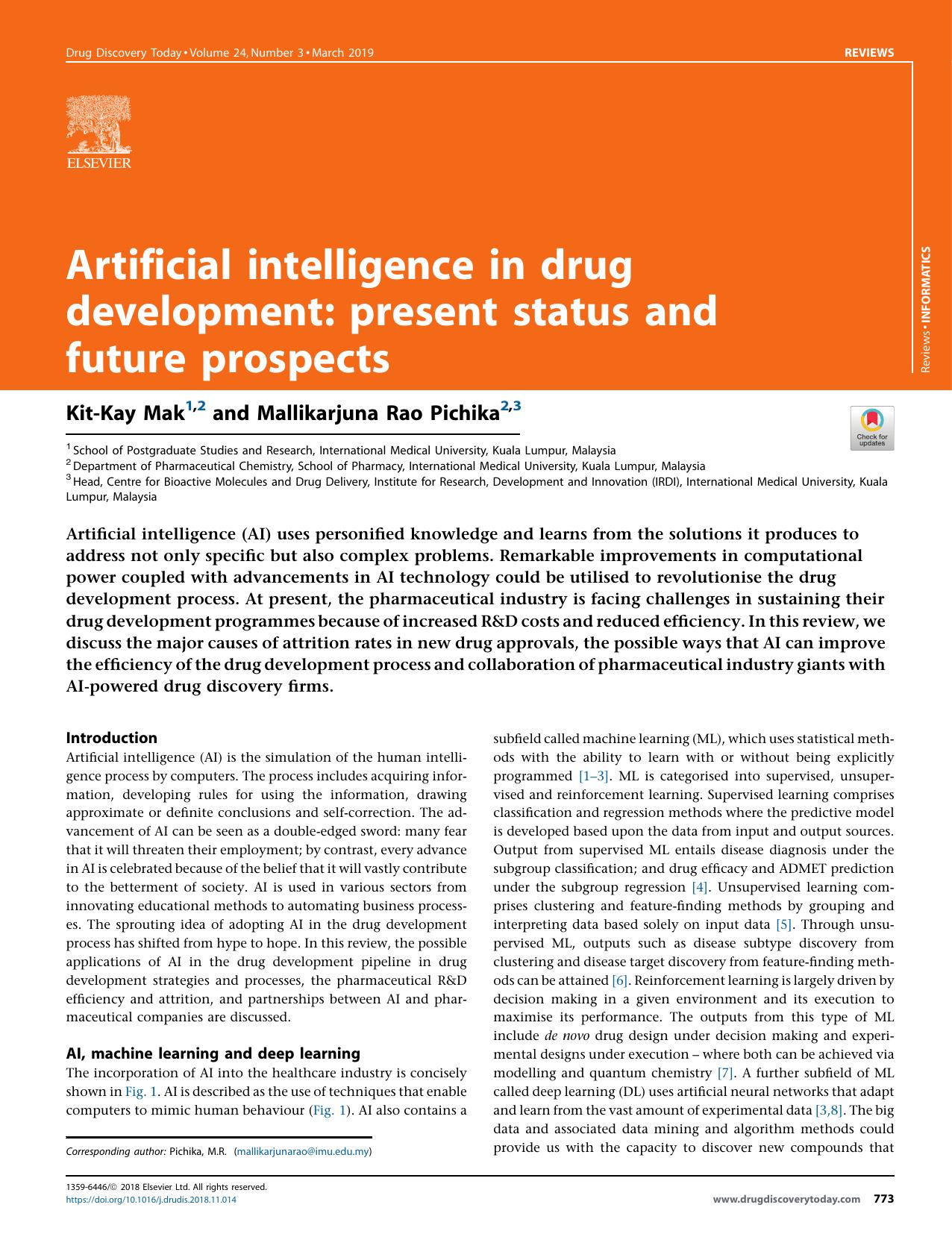 Artificial intelligence in drug development: present status and future prospects by Kit-Kay Mak & Mallikarjuna Rao Pichika