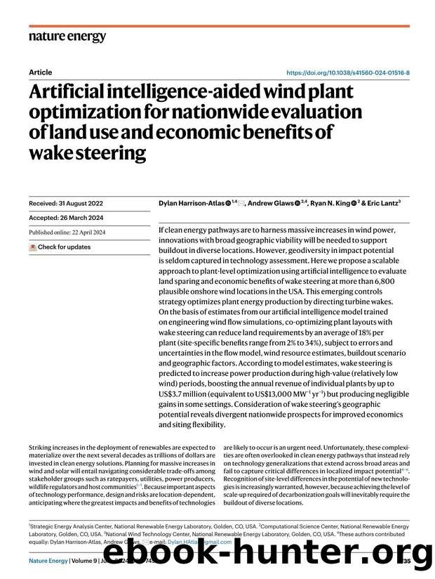 Artificial intelligence-aided wind plant optimization for nationwide evaluation of land use and economic benefits of wake steering by Dylan Harrison-Atlas & Andrew Glaws & Ryan N. King & Eric Lantz