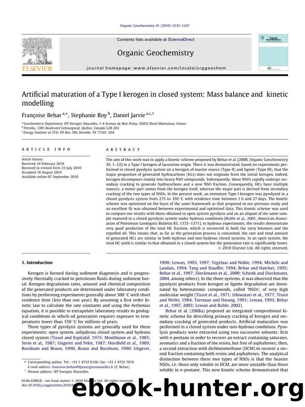 Artificial maturation of a Type I kerogen in closed system: Mass balance and kinetic modelling by FranÃ§oise Behar & Stephanie Roy & Daniel Jarvie