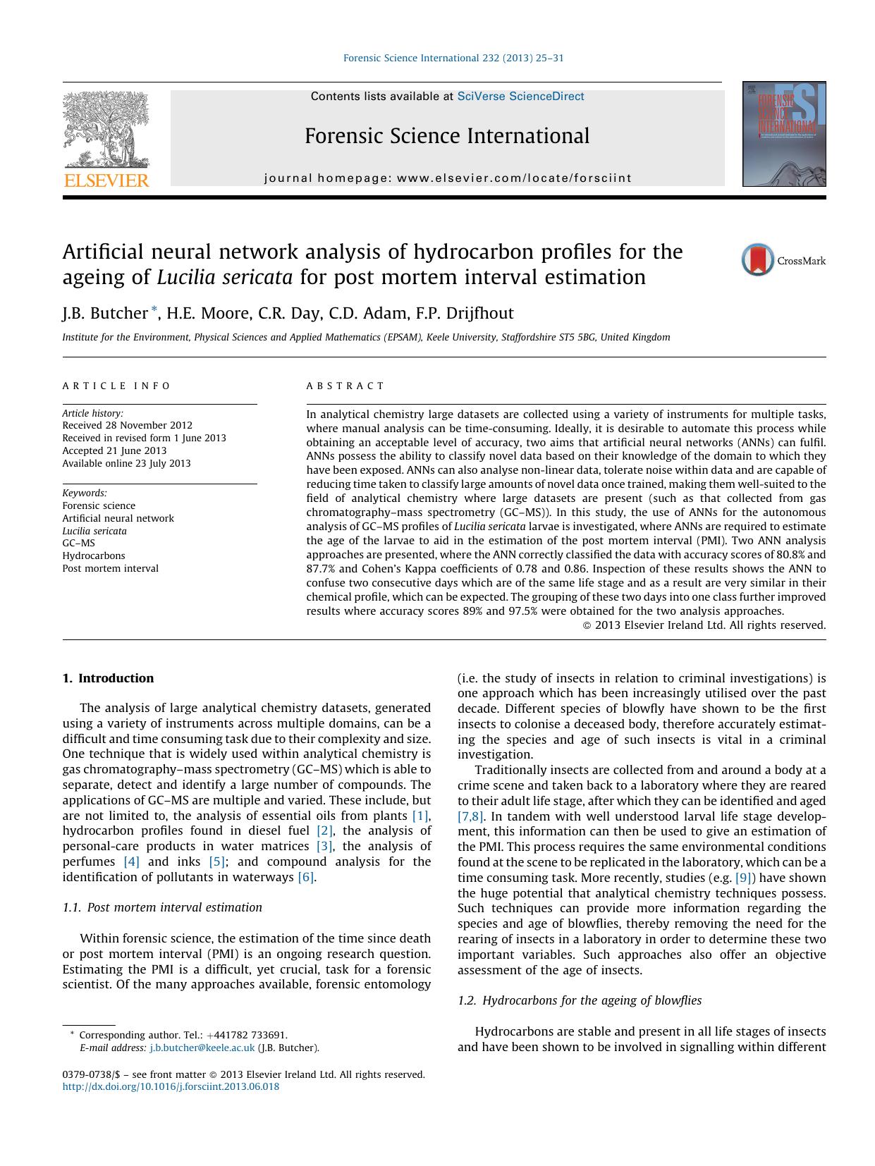Artificial neural network analysis of hydrocarbon profiles for the ageing of Lucilia sericata for post mortem interval estimation by J.B. Butcher & H.E. Moore & C.R. Day & C.D. Adam & F.P. Drijfhout