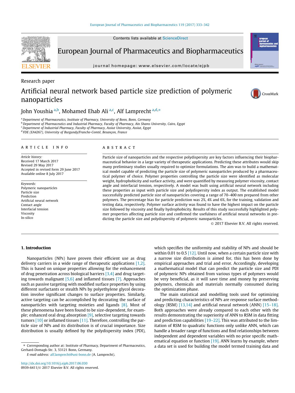 Artificial neural network based particle size prediction of polymeric nanoparticles by John Youshia & Mohamed Ehab Ali & Alf Lamprecht