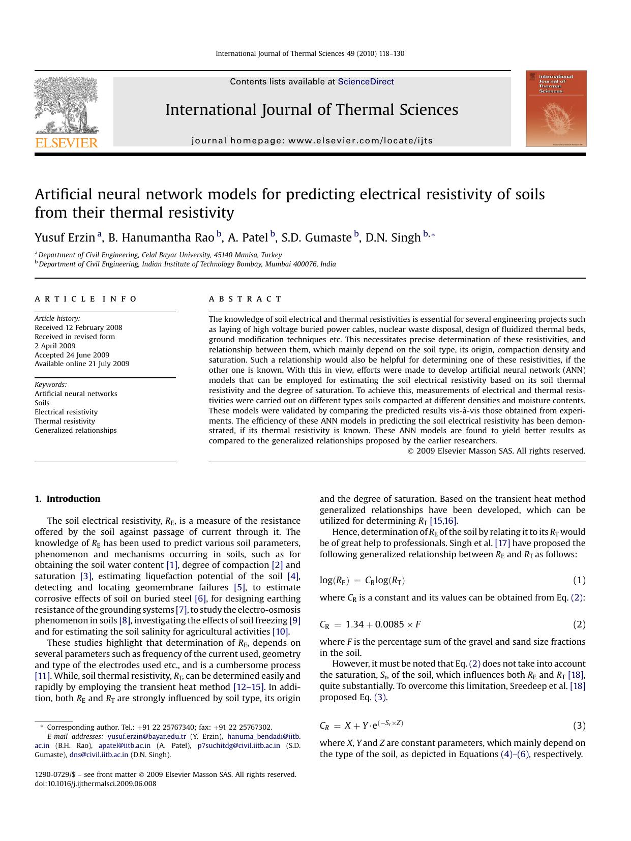 Artificial neural network models for predicting electrical resistivity of soils from their thermal resistivity by Yusuf Erzin; B. Hanumantha Rao; A. Patel; S.D. Gumaste; D.N. Singh