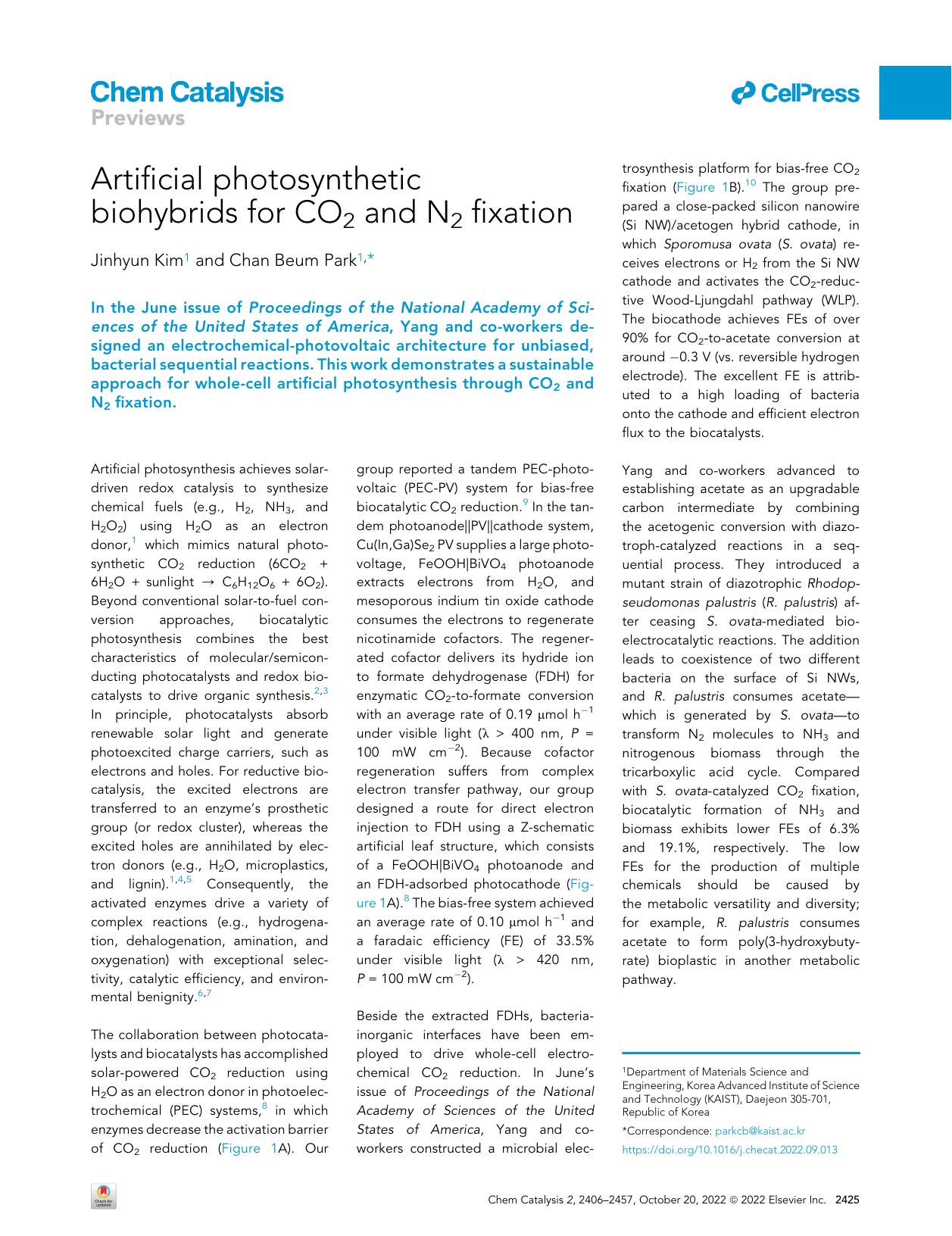 Artificial photosynthetic biohybrids for CO2 and N2 fixation by Jinhyun Kim & Chan Beum Park