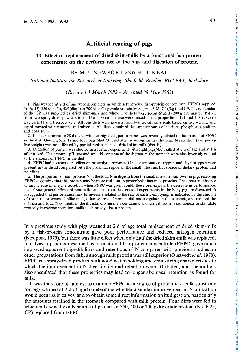 Artificial rearing of pigs by M. J. Newport & H. D. Keal