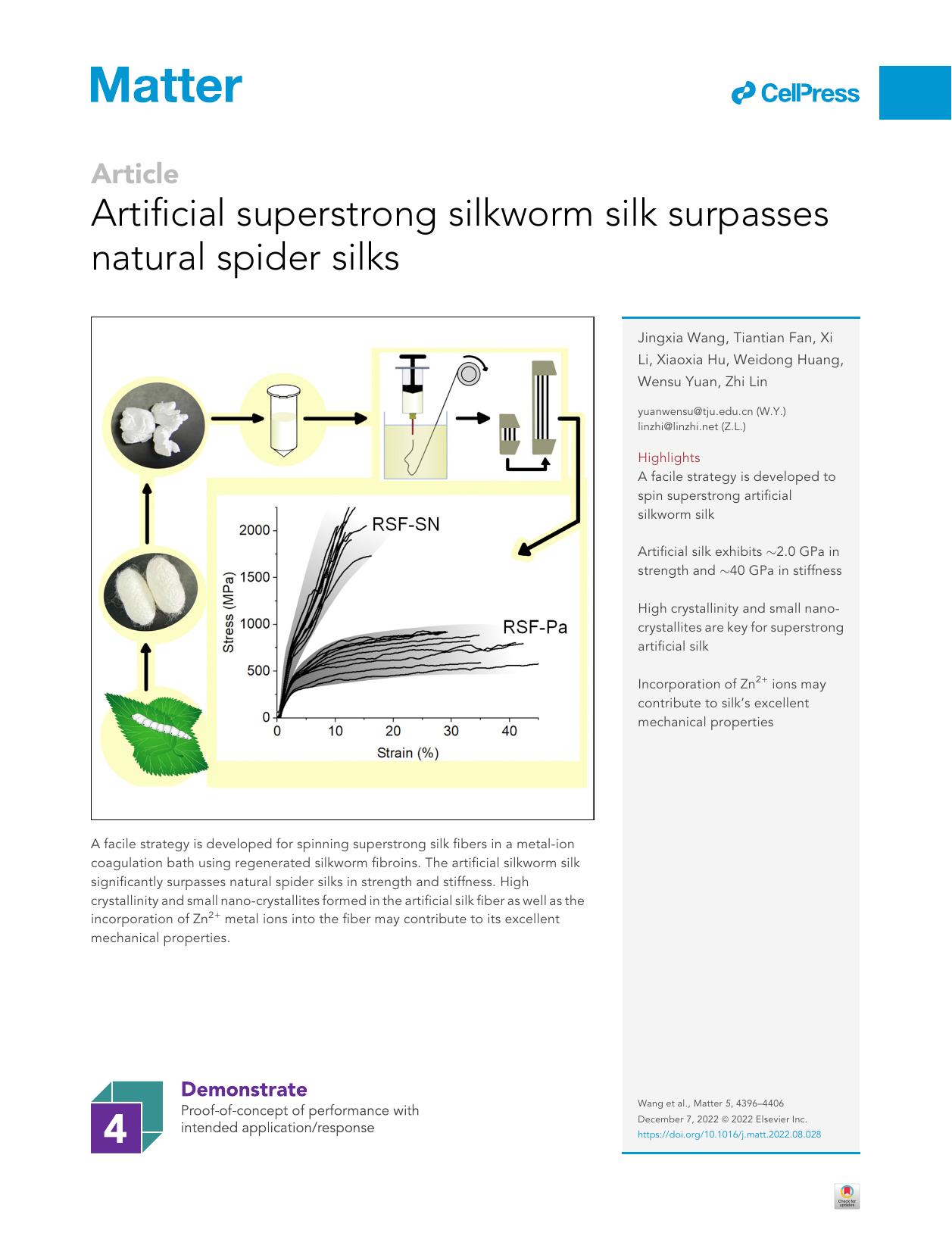 Artificial superstrong silkworm silk surpasses natural spider silks by Jingxia Wang & Tiantian Fan & Xi Li & Xiaoxia Hu & Weidong Huang & Wensu Yuan & Zhi Lin