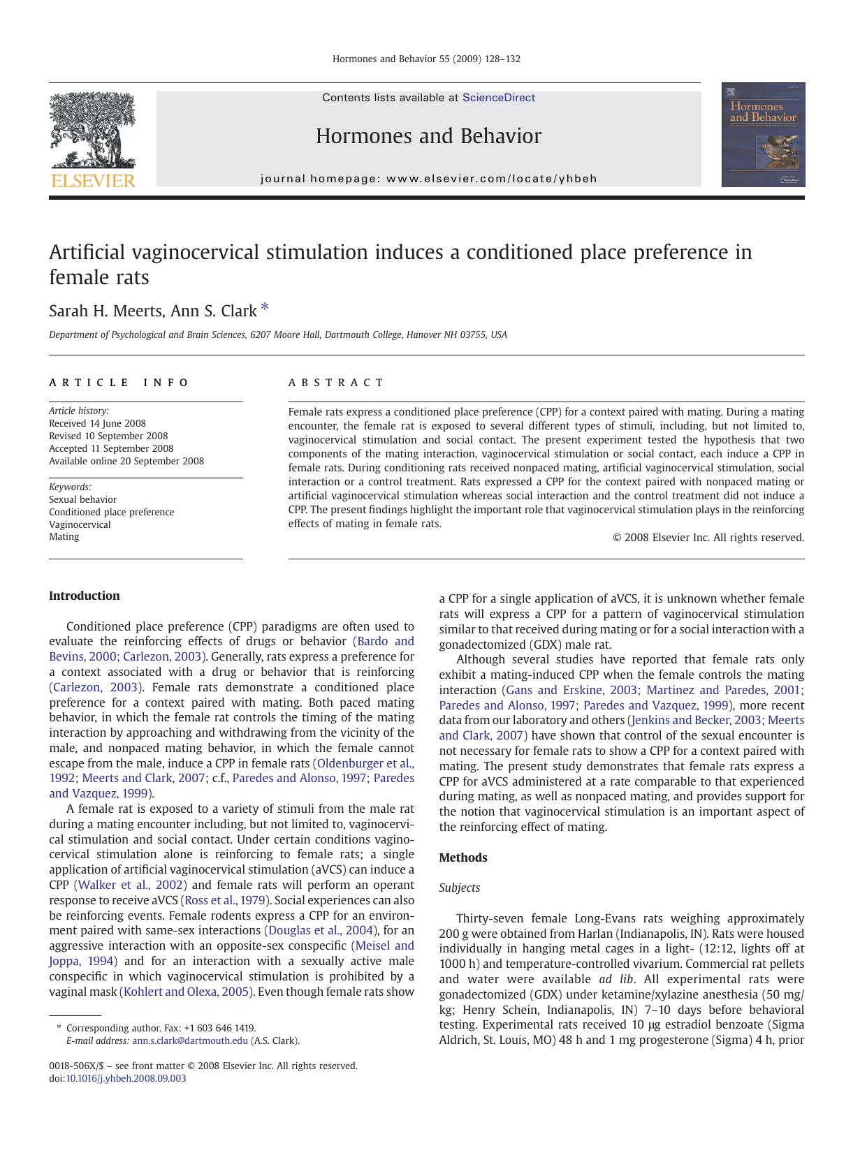 Artificial vaginocervical stimulation induces a conditioned place preference in female rats by Sarah H. Meerts; Ann S. Clark