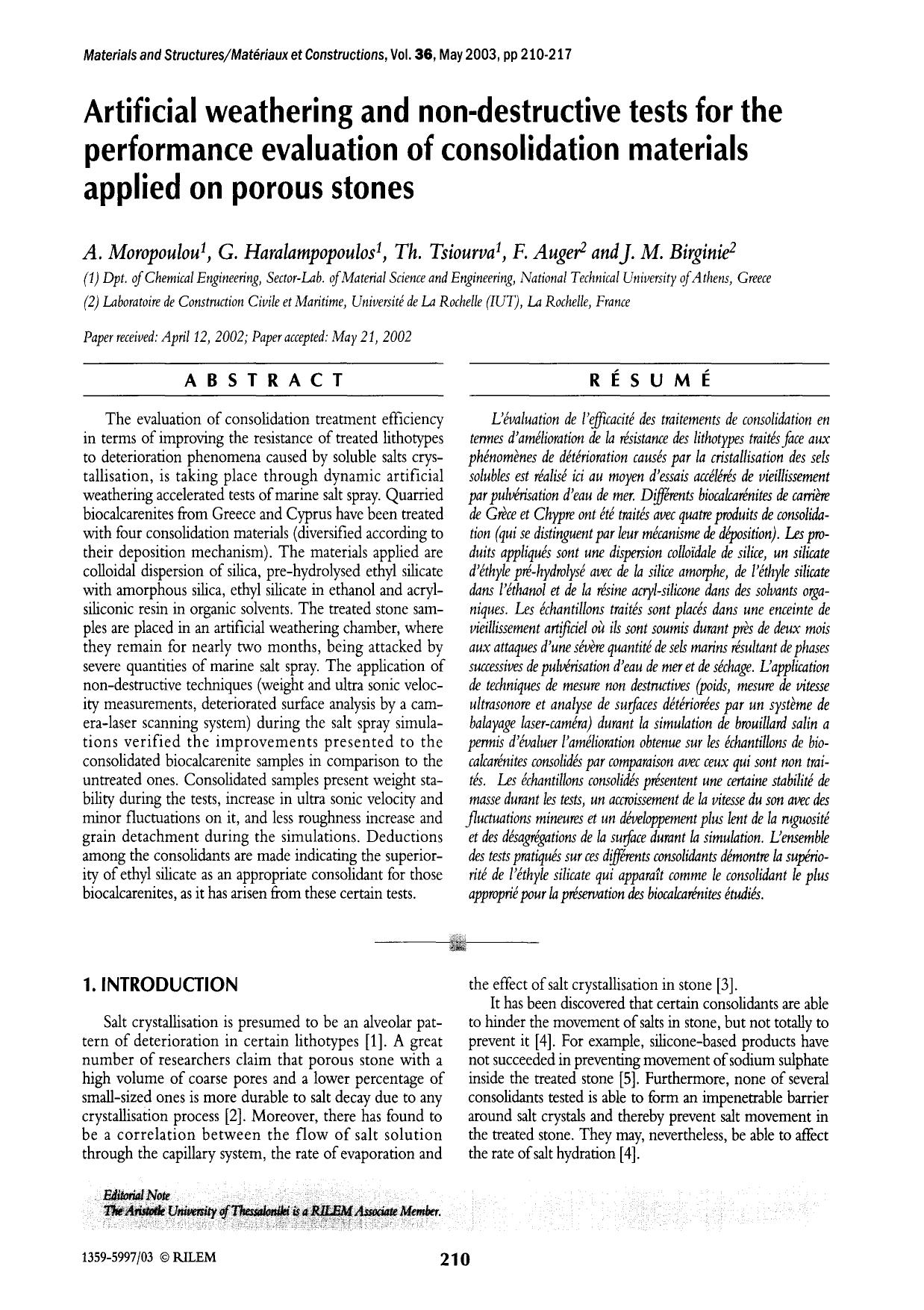Artificial weathering and non-destructive tests for the performance evaluation of consolidation materials applied on porous stones by Unknown