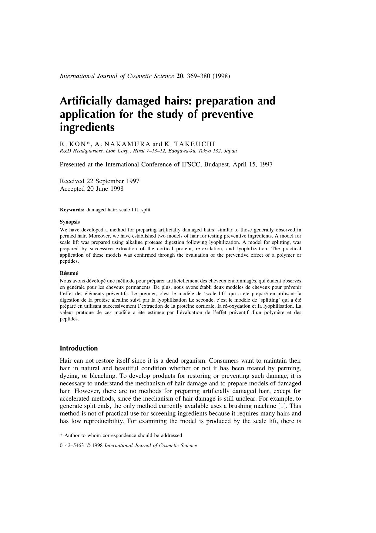 Artificially damaged hairs: preparation and application for the study of preventive ingredients by Unknown