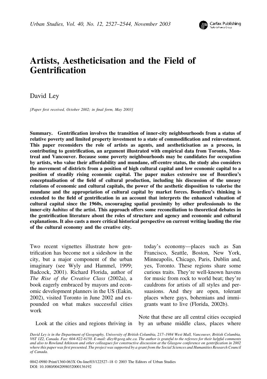 Artists, Aestheticisation, And The Field Of Gentrification [On Bourdieu] by Unknown