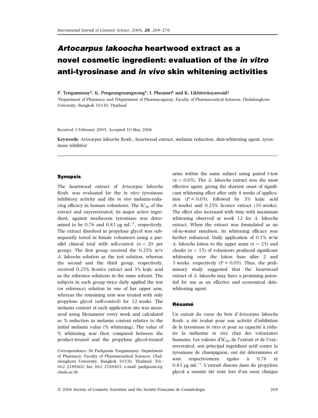 Artocarpus lakoocha heartwood extract as a novel cosmetic ingredient: evaluation of the in vitro anti-tyrosinase and in vivo skin whitening activities by Unknown