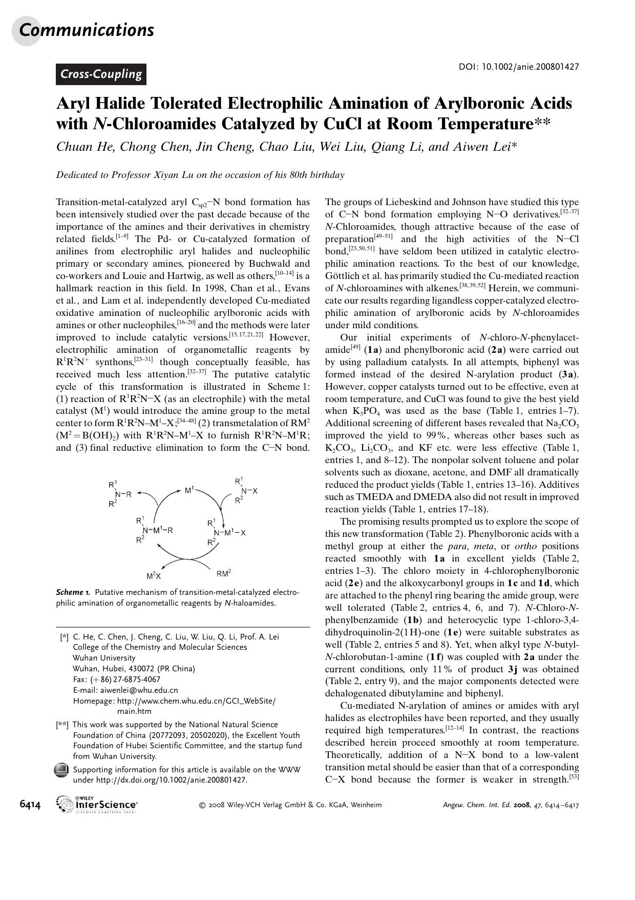 Aryl Halide Tolerated Electrophilic Amination of Arylboronic Acids with N-Chloroamides Catalyzed by CuCl at Room Temperature by Unknown