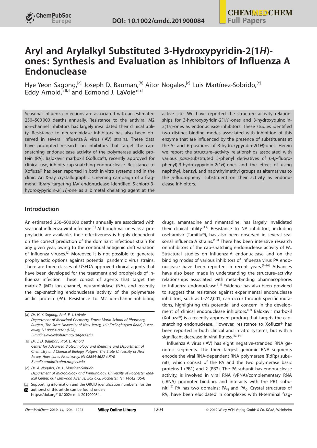 Aryl and Arylalkyl Substituted 3âHydroxypyridinâ2(1H)âones: Synthesis and Evaluation as Inhibitors of InfluenzaâA Endonuclease by Unknown
