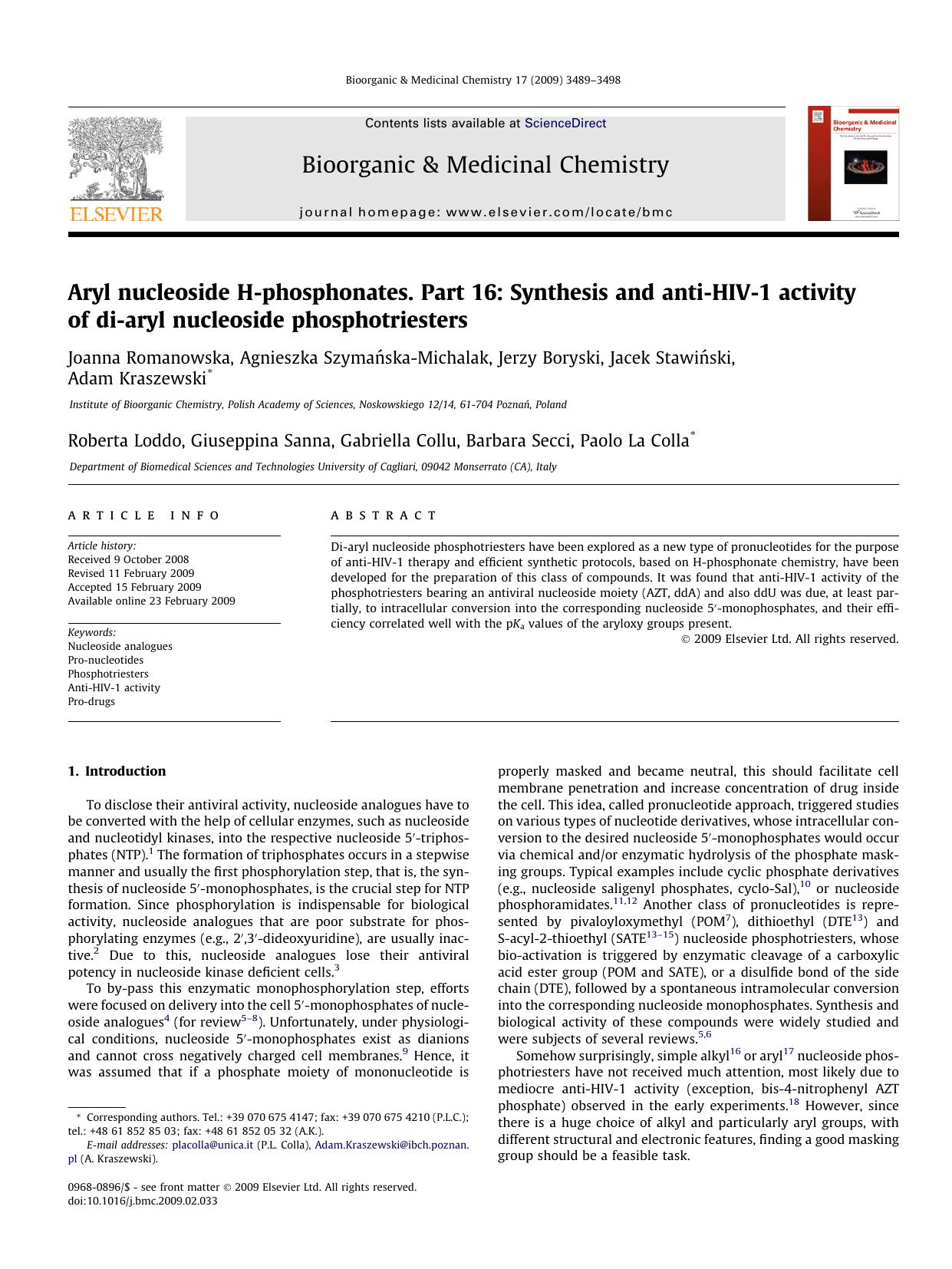 Aryl nucleoside H-phosphonates. Part 16: Synthesis and anti-HIV-1 activity of di-aryl nucleoside phosphotriesters by unknow