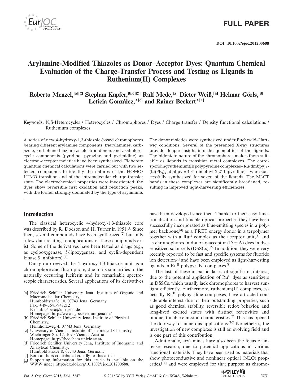 ArylamineModified Thiazoles as DonorAcceptor Dyes: Quantum Chemical Evaluation of the ChargeTransfer Process and Testing as Ligands in Ruthenium(II) Complexes by Unknown