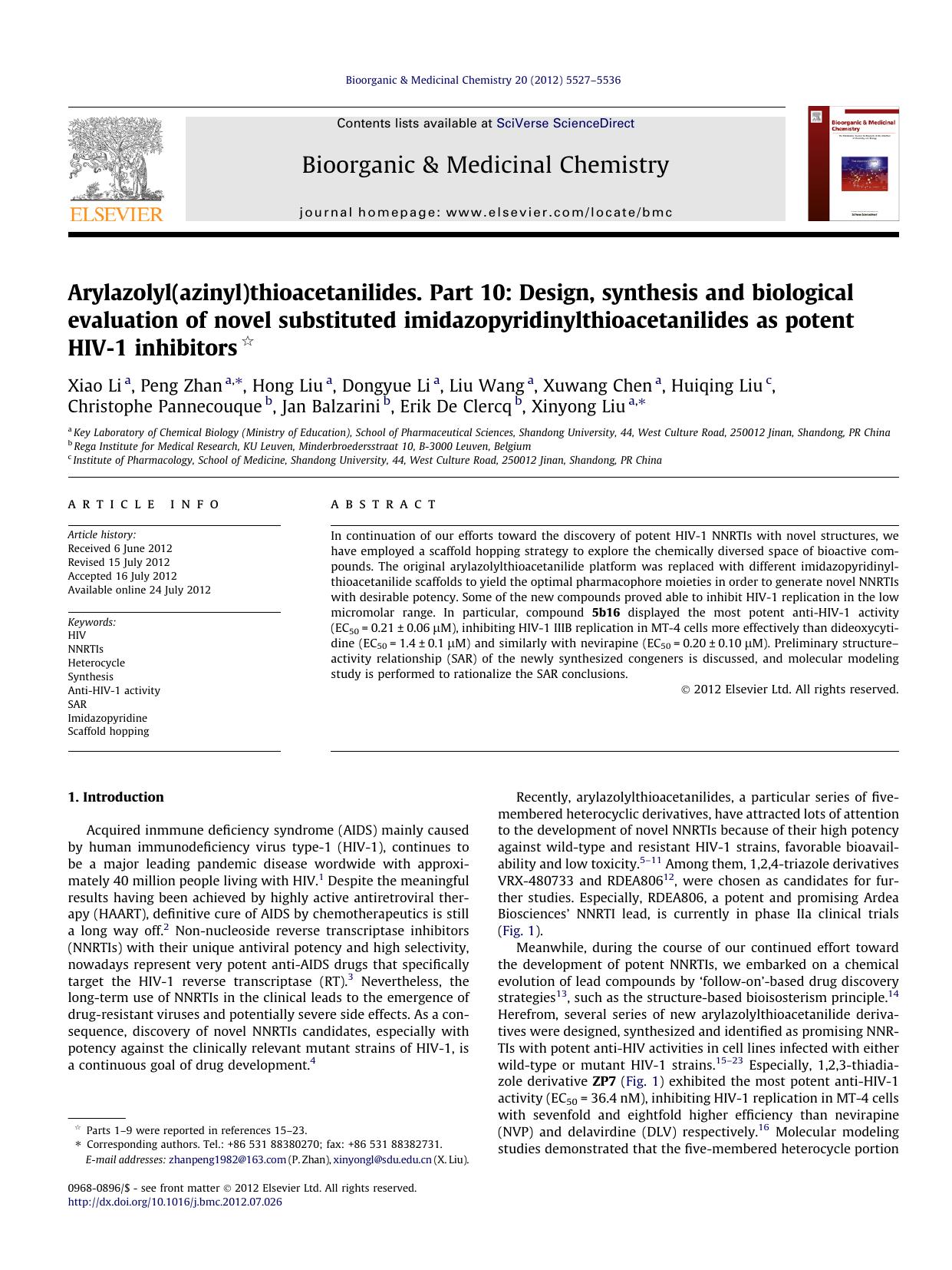 Arylazolyl(azinyl)thioacetanilides. Part 10: Design, synthesis and biological evaluation of novel substituted imidazopyridinylthioacetanilides as potent HIV-1 inhibitors by unknow