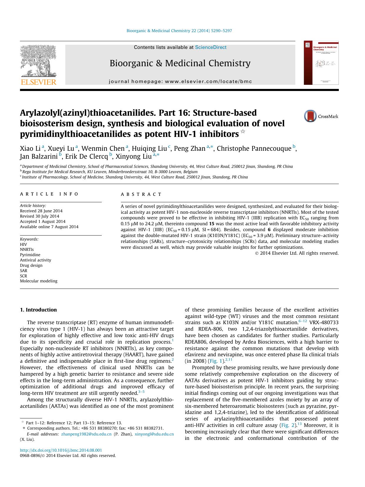 Arylazolyl(azinyl)thioacetanilides. Part 16: Structure-based bioisosterism design, synthesis and biological evaluation of novel pyrimidinylthioacetanilides as potent HIV-1 inhibitors by unknow