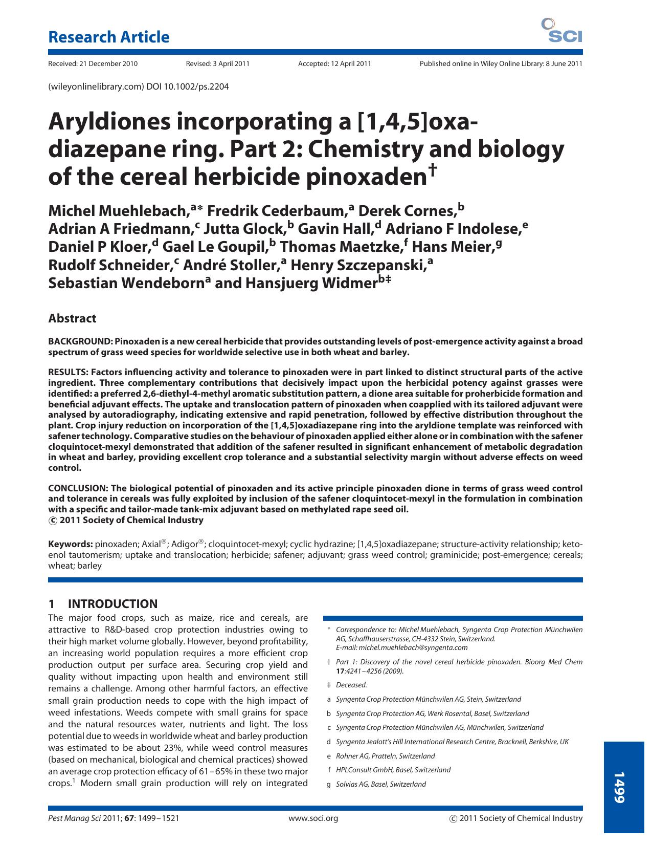 Aryldiones incorporating a [1,4,5]oxadiazepane ring. Part 2: Chemistry and biology of the cereal herbicide pinoxaden by Unknown