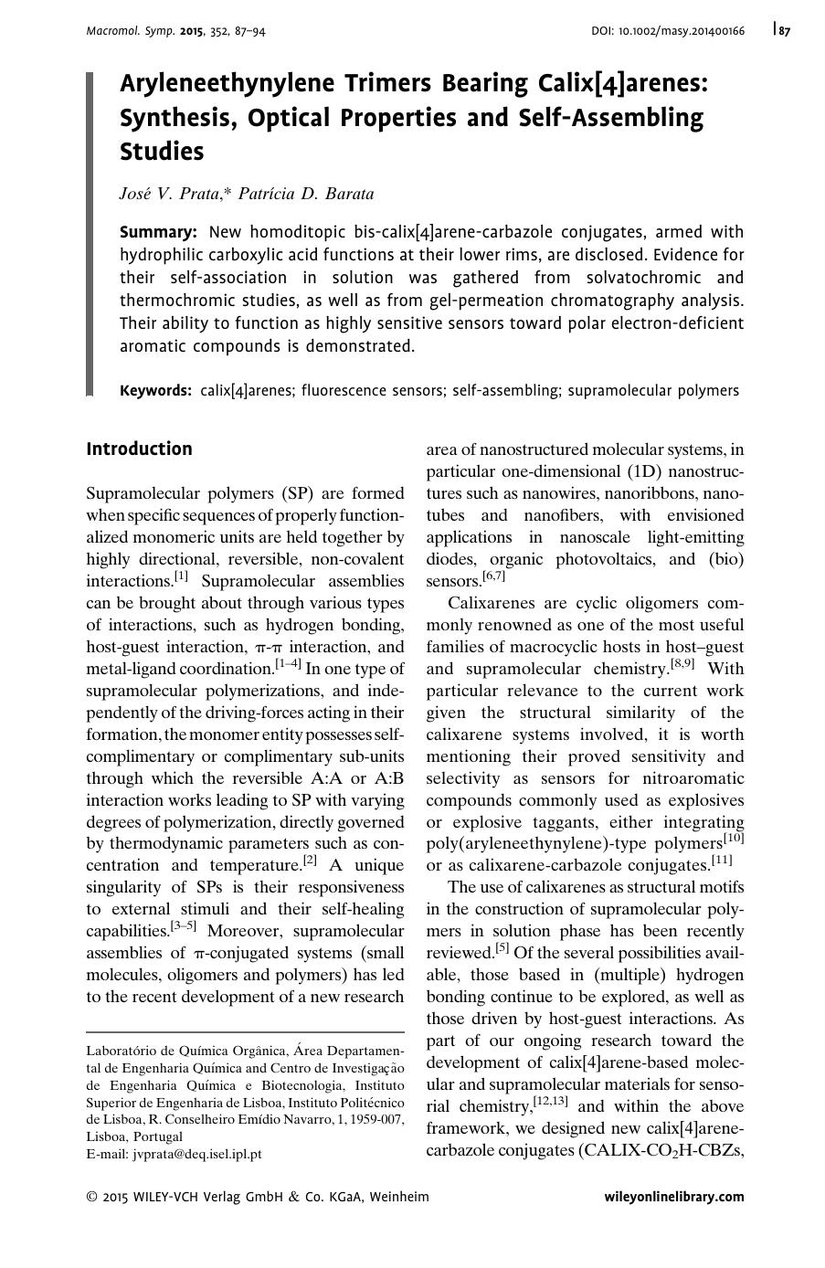 Aryleneethynylene Trimers Bearing Calix[4]arenes: Synthesis, Optical Properties and Self-Assembling Studies by Unknown