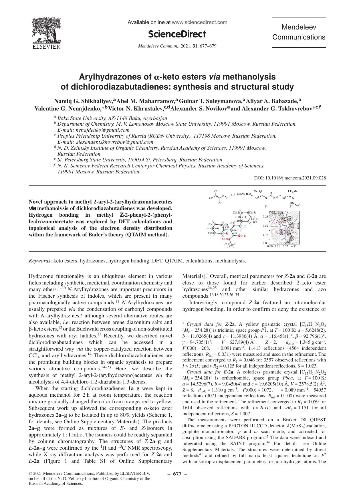 Arylhydrazones of Î±-keto esters via methanolysis of dichlorodiazabutadienes: synthesis and structural study by unknow