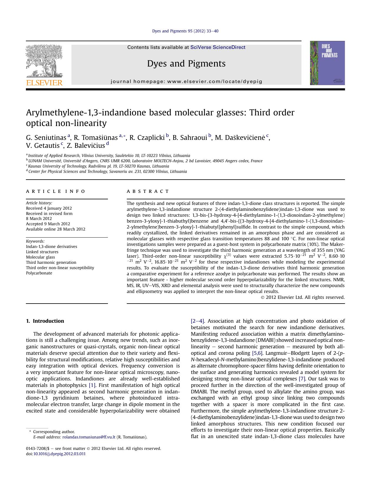 Arylmethylene-1,3-indandione based molecular glasses: Third order optical non-linearity by unknow