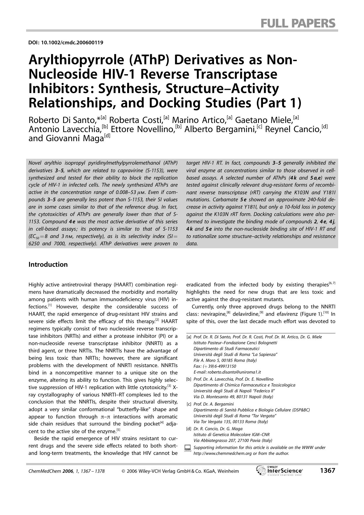 Arylthiopyrrole (AThP) Derivatives as Non-Nucleoside HIV-1 Reverse Transcriptase Inhibitors: Synthesis, Structure-Activity Relationships, and Docking Studies (Part[emsp14]1) by Unknown