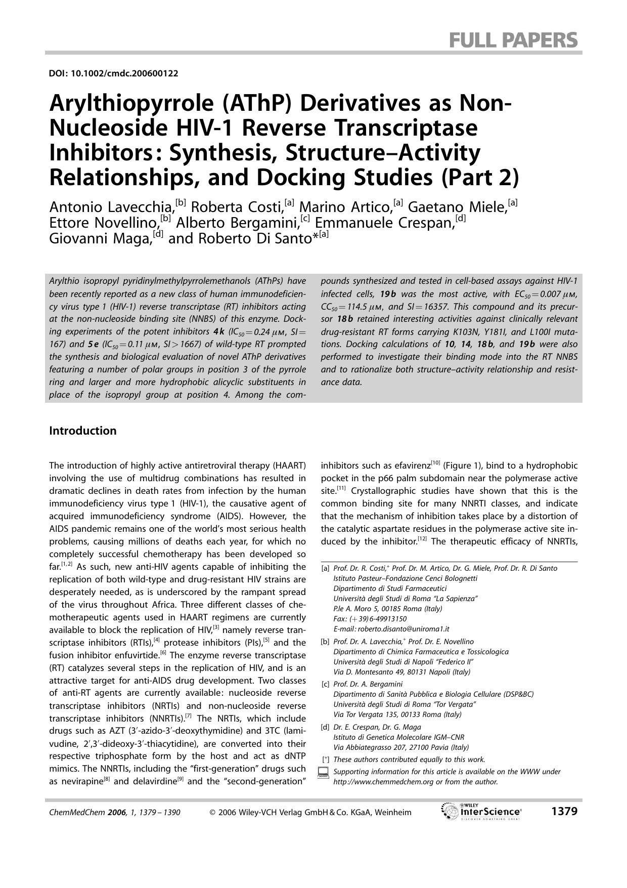 Arylthiopyrrole (AThP) Derivatives as Non-Nucleoside HIV-1 Reverse Transcriptase Inhibitors: Synthesis, Structure-Activity Relationships, and Docking Studies (Part[emsp14]2) by Unknown
