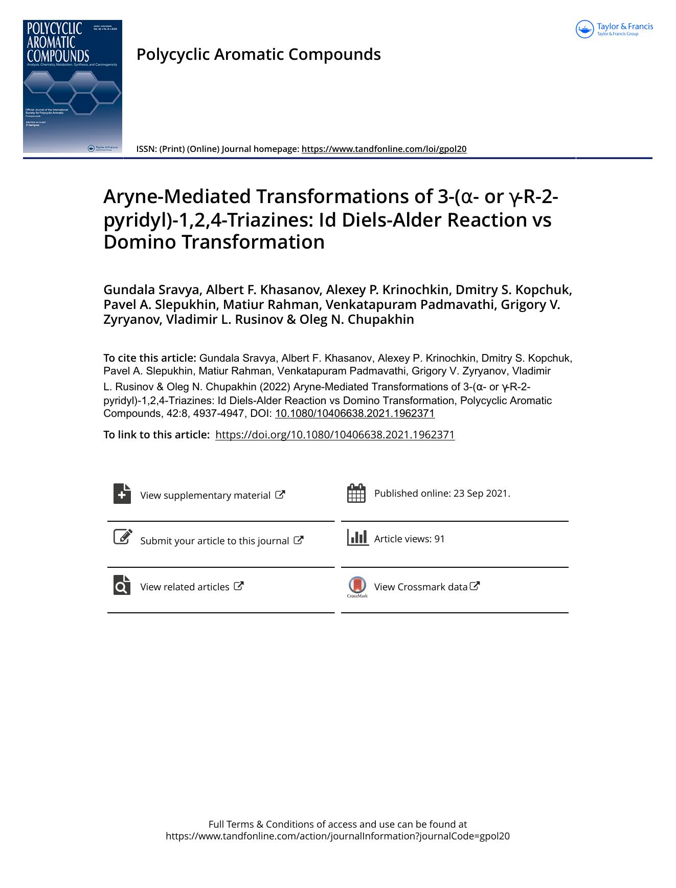 Aryne-Mediated Transformations of 3-(Î±- or Î³-R-2-pyridyl)-1,2,4-Triazines: Id Diels-Alder Reaction vs Domino Transformation by unknow