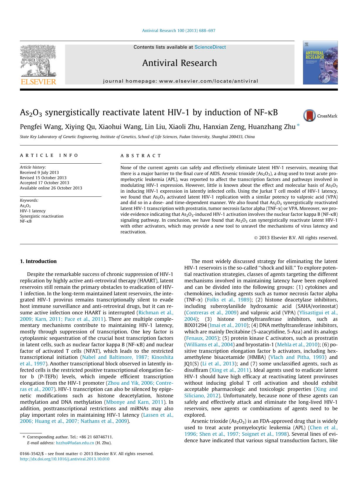 As2O3 synergistically reactivate latent HIV-1 by induction of NF-ÎºB by Pengfei Wang & Xiying Qu & Xiaohui Wang & Lin Liu & Xiaoli Zhu & Hanxian Zeng & Huanzhang Zhu