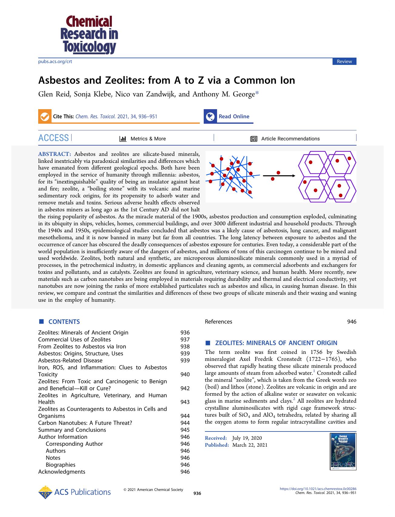 Asbestos and Zeolites: from A to Z via a Common Ion by Glen Reid Sonja Klebe Nico van Zandwijk and Anthony M. George