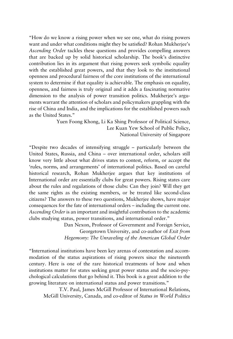 Ascending Order: Rising Powers and the Politics of Status in International Institutions by Rohan Mukherjee