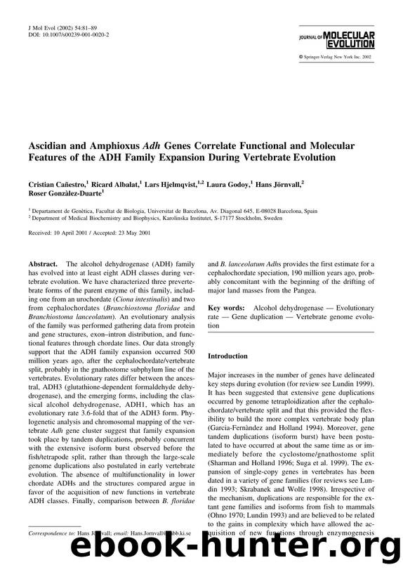 Ascidian and Amphioxus Adh Genes Correlate Functional and Molecular Features of the ADH Family Expansion During Vertebrate Evolution by Canestro C. et al