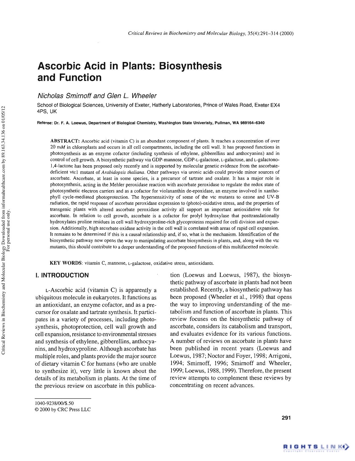 Ascorbic Acid in Plants: Biosynthesis and Function by Nicholas Smirnoff Glen L. Wheeler and
