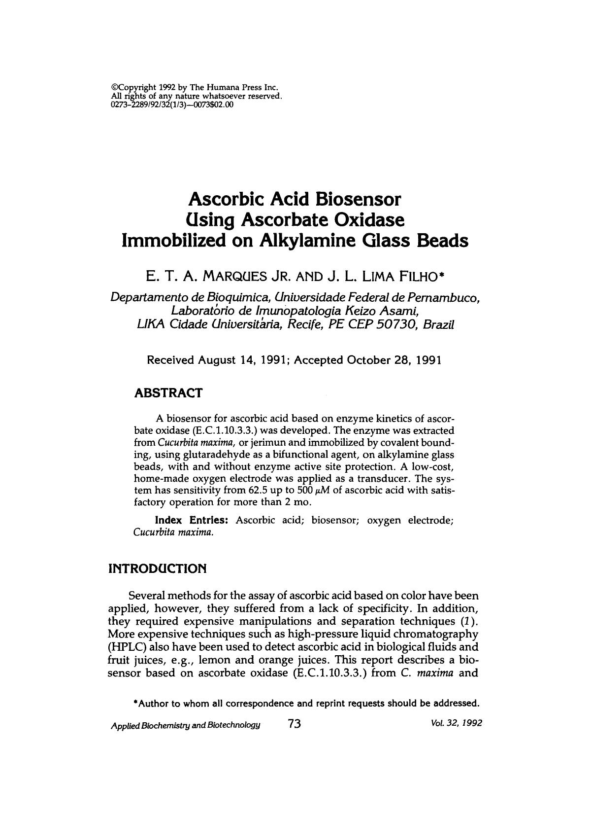 Ascorbic acid biosensor using ascorbate oxidase immobilized on alkylamine glass beads by Unknown