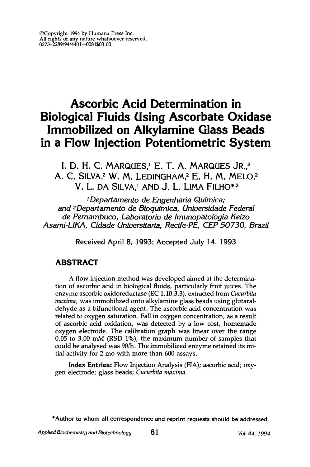 Ascorbic acid determination in biological fluids using ascorbate oxidase immobilized on alkylamine glass beads in a flow injection potentiometric system by Unknown