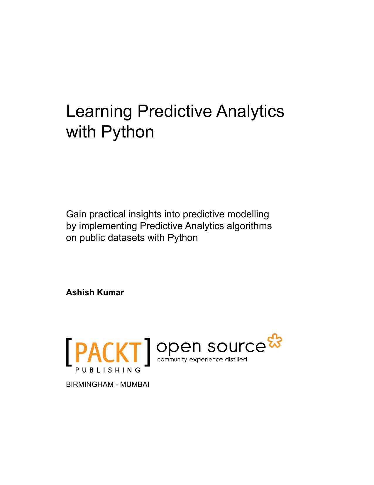 Ashish Kumar Learning Predictive Analytics with Python by Unknown