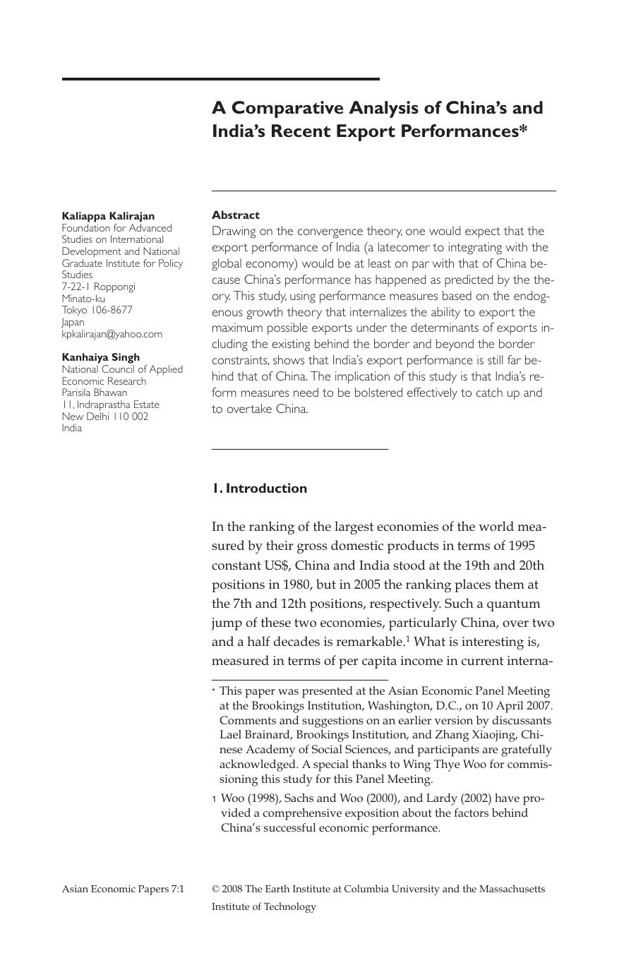 Asian Economic Papers. Volume 7, Issue 1, Winter 2008 by Jeffrey D. Sachs Bokyeong Park Wing Thye Woo Naoyuki Yoshino (editors)
