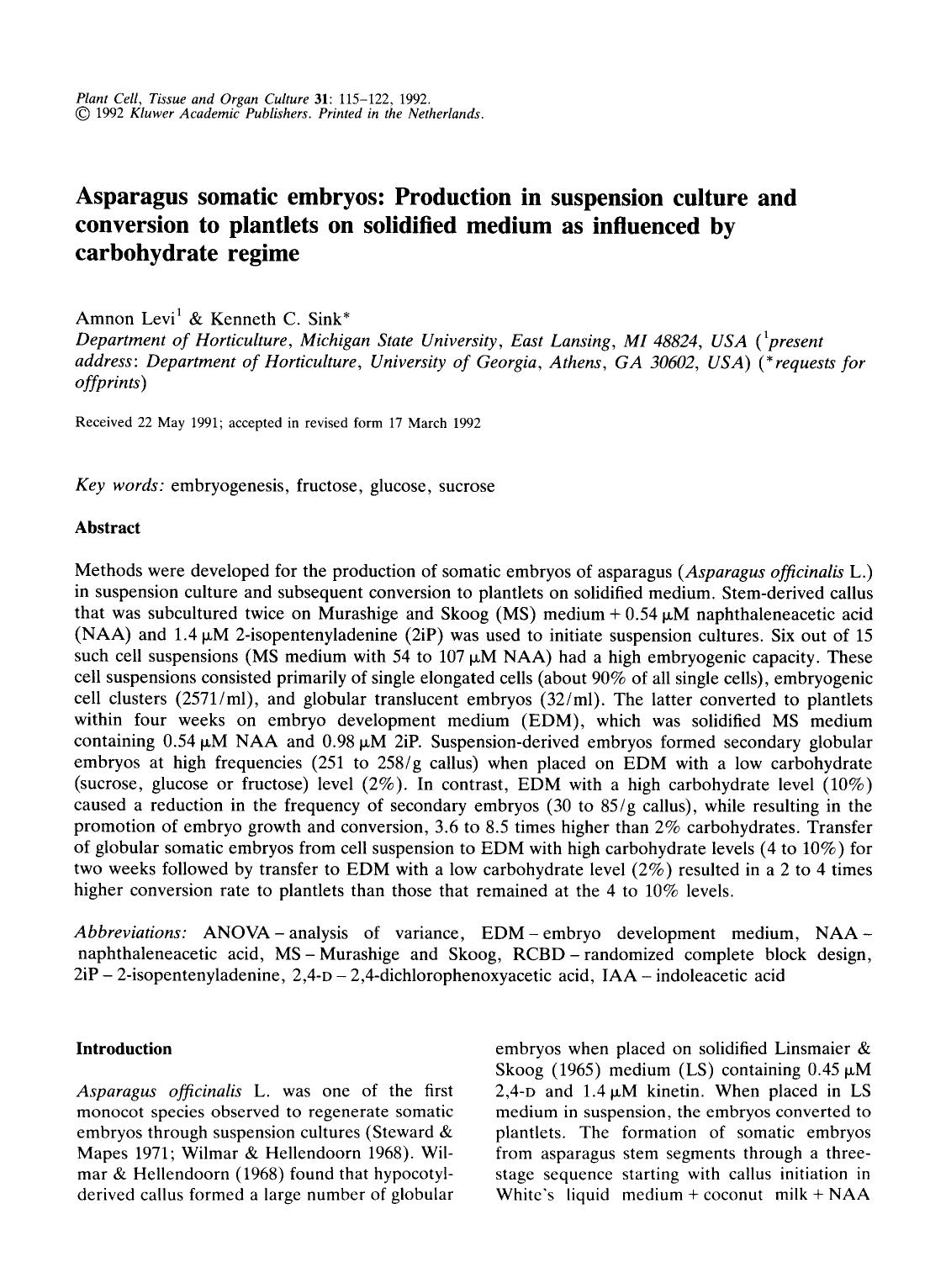 Asparagus somatic embryos: Production in suspension culture and conversion to plantlets on solidified medium as influenced by carbohydrate regime by Unknown